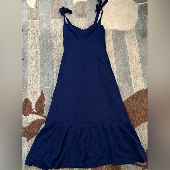 Reformation Sleeveless Navy Blue Flirty Nikita Shoulder Tie Crepe Midi Dress - Picture 3 of 11